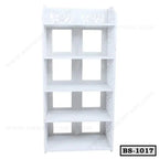 White five-tier bookshelf with decorative side panels and open back, model BS-1017