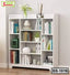 Modern white bookshelf BS-1019 with books, decorative items, vases, and plants in a living room