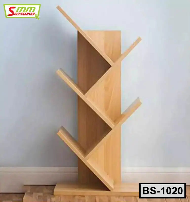 Modern wooden bookshelf with tree branch design against a light wall, model BS-1020