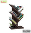Modern wooden bookshelf with zigzag shelves, filled with books and a small potted plant