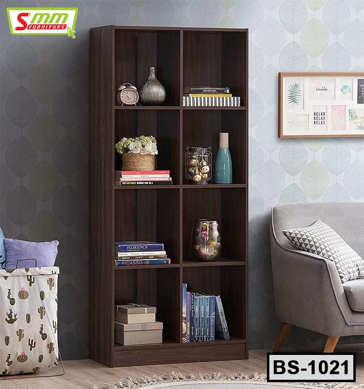 Modern wooden bookshelf with decorative items and books in a cozy living room setting Main image