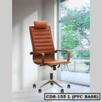 Brown high-back executive office chair with headrest and PVC base by a window