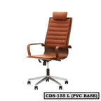 Brown high-back executive office chair with PVC base and headrest on casters