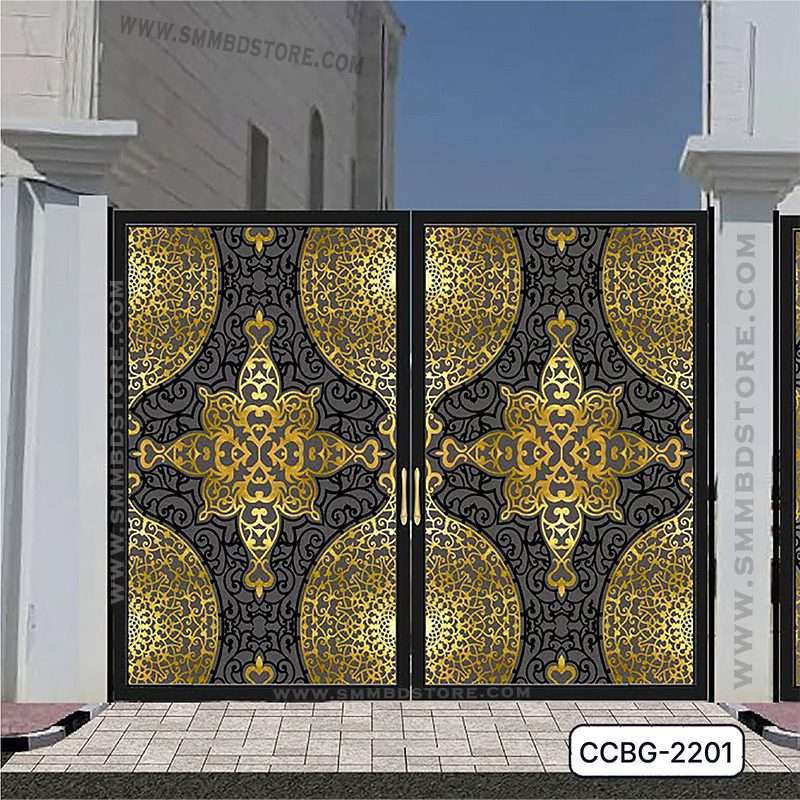 Modern CNC cutting boundary gate with intricate gold and black floral design, outdoor setting Main image