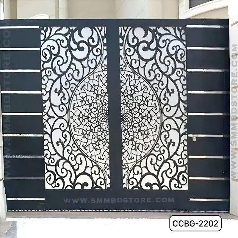 Modern CNC cutting boundary gate with decorative black metalwork design