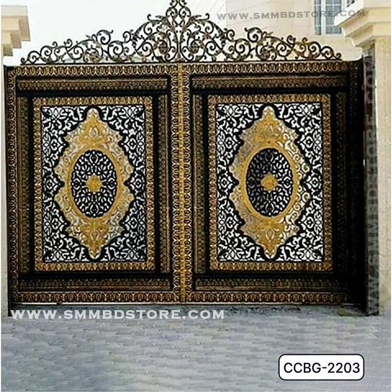 Modern CNC cutting boundary gate with ornate black and gold metal design for home exterior Main image