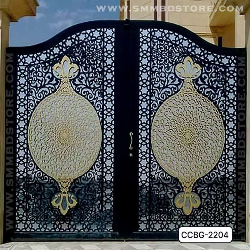 CNC-cut metal boundary gate with intricate black and gold decorative patterns, modern design Main image