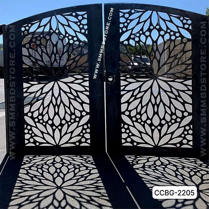 Modern CNC-cut metal boundary gate with floral pattern casting intricate shadows outdoors Main image