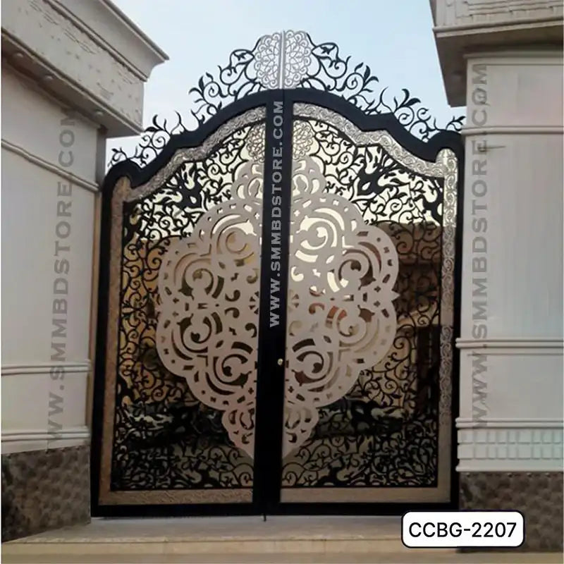 Decorative CNC-cut metal boundary gate with intricate floral pattern in residential setting Main image
