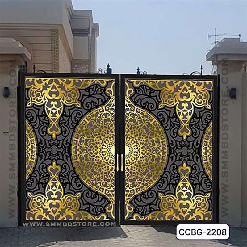 Modern CNC cutting boundary gate with intricate gold and black geometric patterns for home exteriors Main image