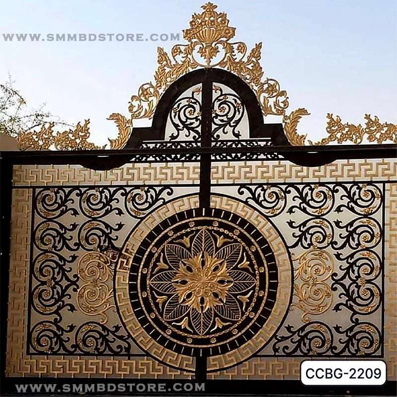Decorative CNC cutting boundary gate with black and gold floral and geometric patterns