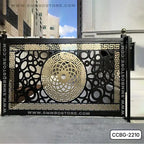 Modern CNC-cut metal boundary gate with gold geometric patterns and decorative circles