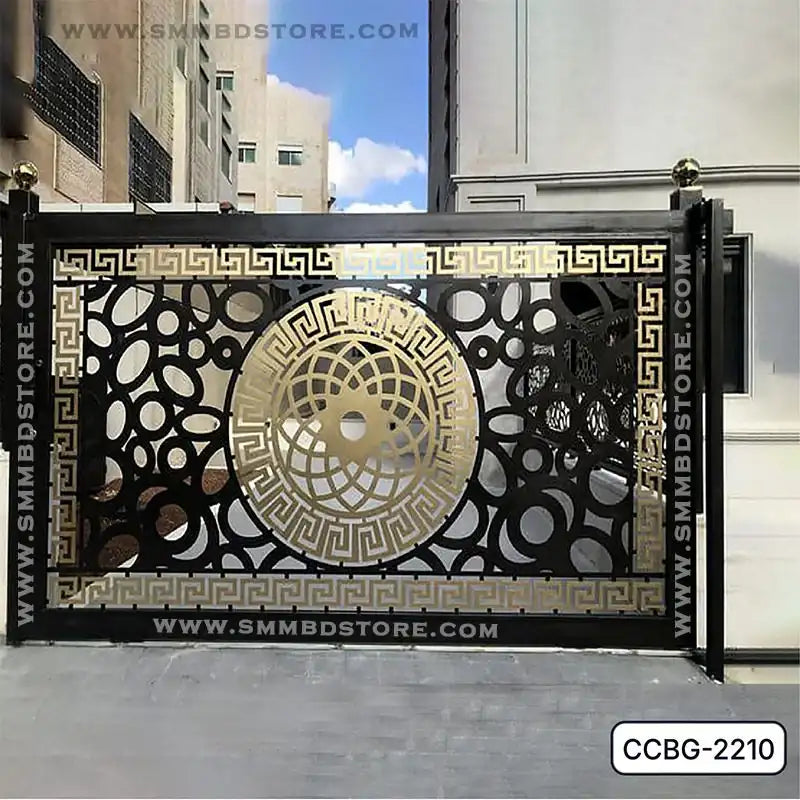Modern CNC-cut metal boundary gate with gold geometric patterns and decorative circles