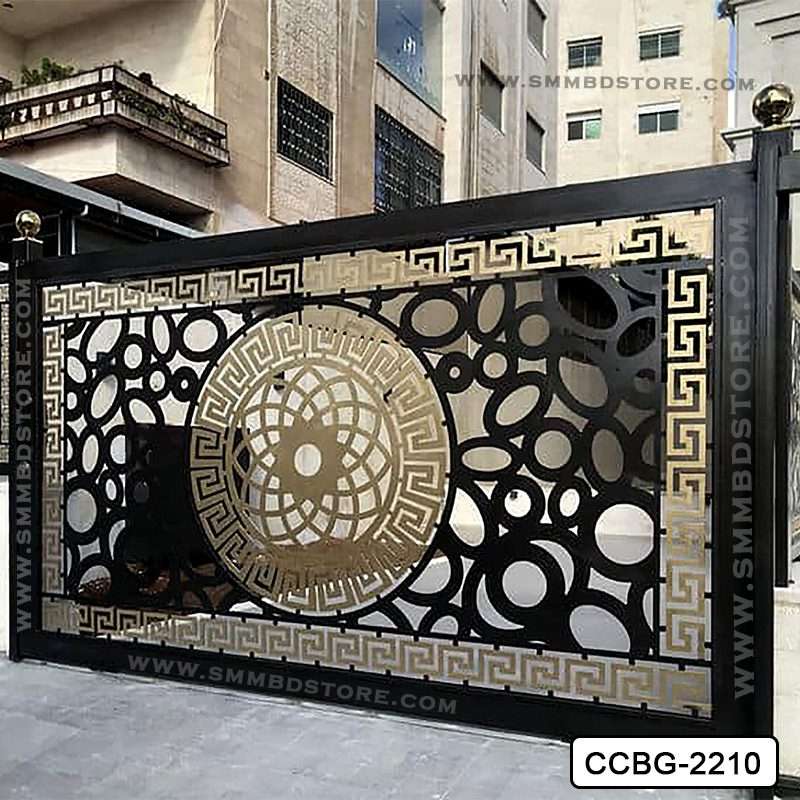 Modern CNC cutting boundary gate with intricate black and gold geometric design, outdoor setting Main image
