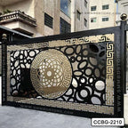 Modern CNC cutting boundary gate with intricate black and gold geometric design, outdoor setting