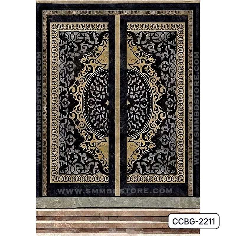 CNC cutting metal boundary gate with intricate floral and geometric patterns in black and gold.