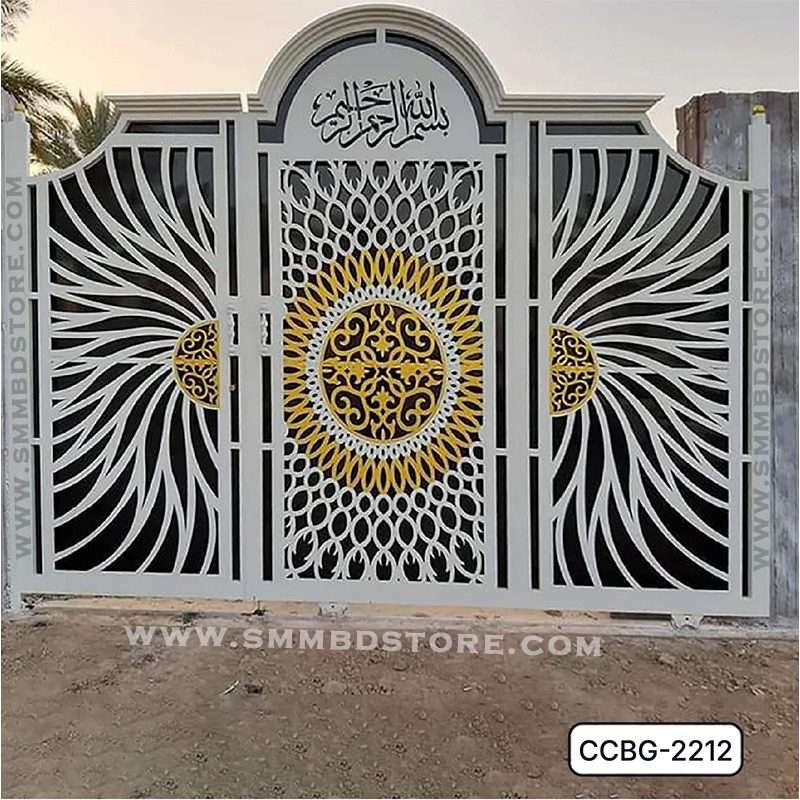 Decorative CNC cutting metal boundary gate with intricate black, white, and gold patterns. Main image