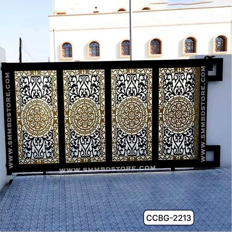Modern CNC cutting boundary gate with intricate gold and black floral patterns, outdoor setting