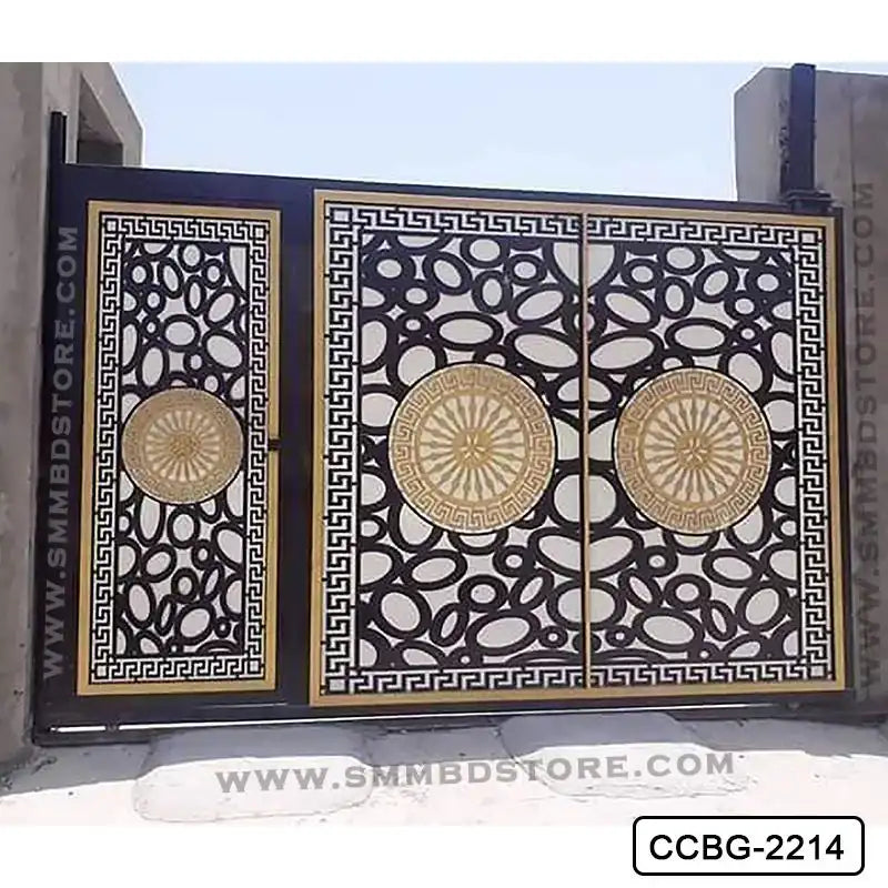 Modern CNC cutting metal boundary gate with geometric and floral patterns in black and gold. Main image