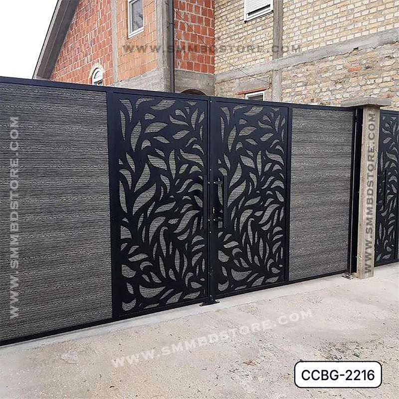 Modern CNC-cut metal boundary gate with decorative leaf pattern, installed at a house Main image
