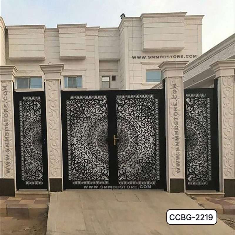 Modern CNC-cut metal boundary gate with intricate floral patterns in front of a contemporary house