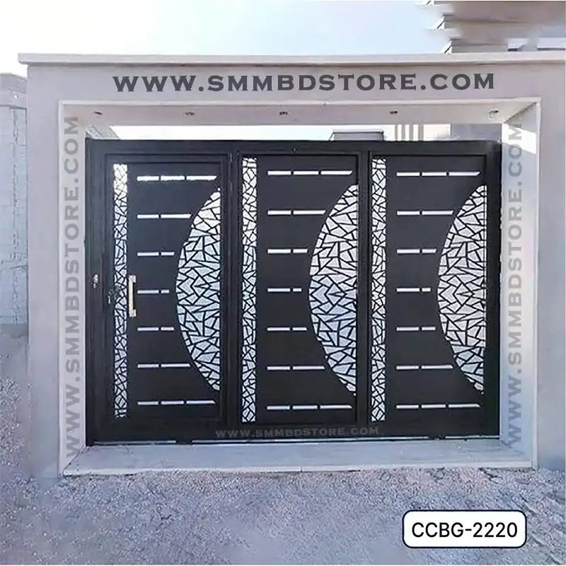 Modern CNC cutting boundary gate with geometric metal design, outdoor security entrance.