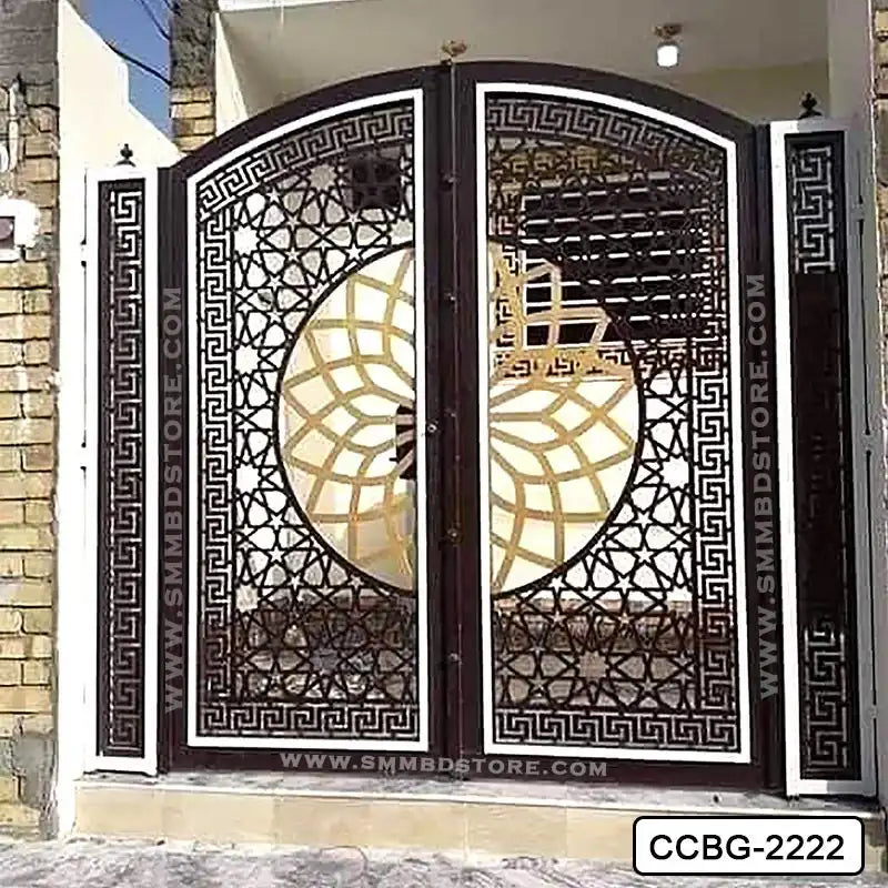 Modern CNC-cut metal boundary gate with geometric and gold accent design for home entrance