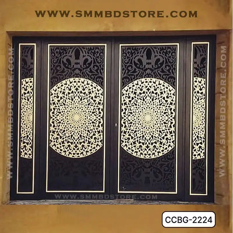 Modern CNC cutting metal boundary gate with intricate geometric patterns and black frame.