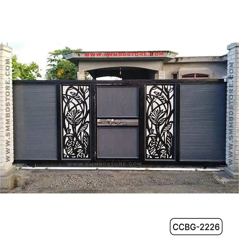 Modern CNC-cut metal boundary gate with floral patterns, black and white, for home entrance Main image