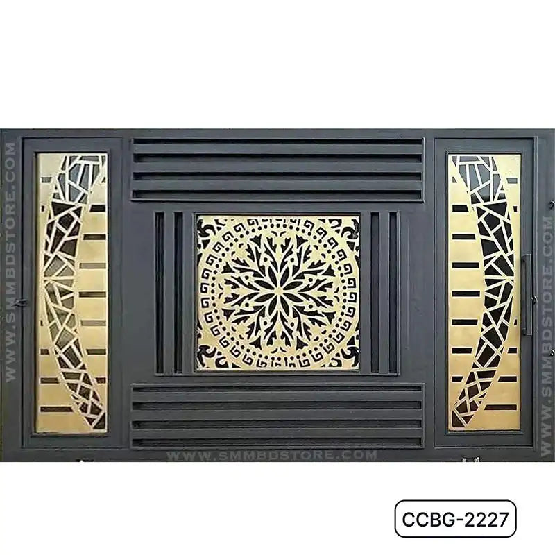 Modern CNC cutting metal boundary gate with geometric and floral laser-cut patterns.