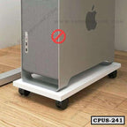 CPU stand with wheels holding a desktop computer tower on a wooden floor