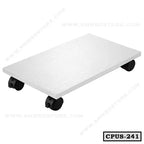 White wooden CPU stand with four black wheels for office or home computer setup