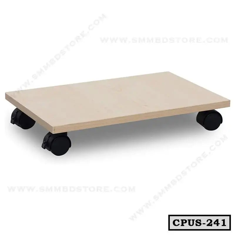 Wooden CPU stand with four black caster wheels for easy mobility, suitable for office desks. Main image