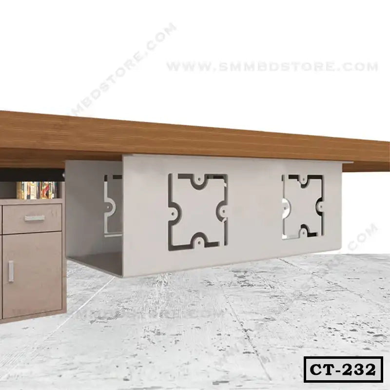 Metal cable tray CT-232 mounted under wooden office desk, cable management solution