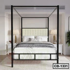 Modern canopy bed frame with upholstered headboard in a contemporary bedroom setting