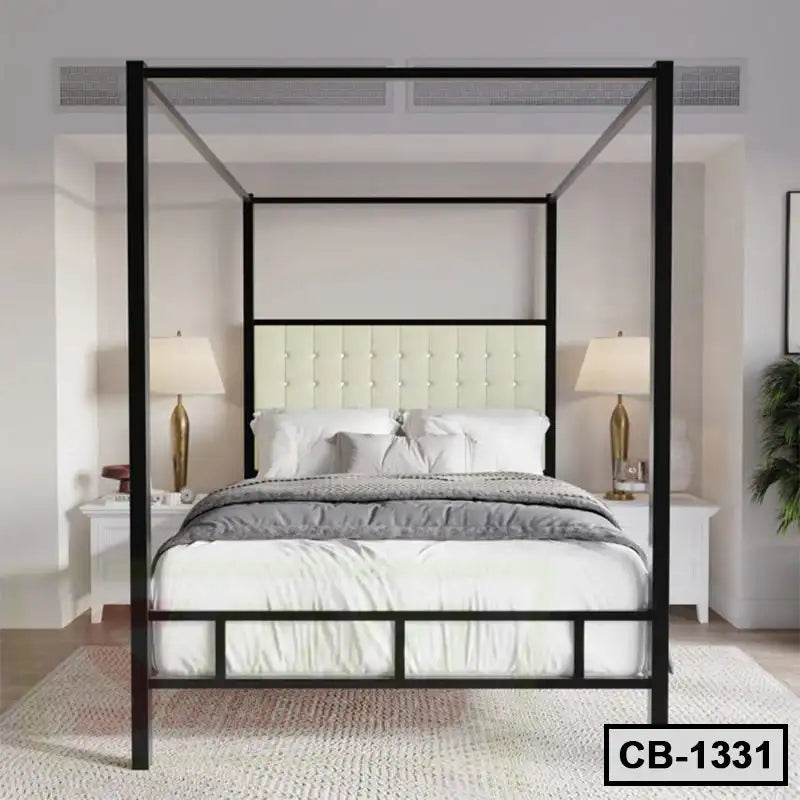 Modern canopy bed frame with upholstered headboard in a contemporary bedroom setting