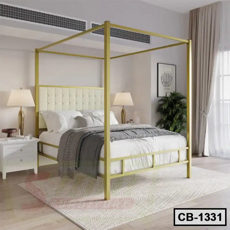 Modern canopy bed frame with upholstered headboard in a bright, stylish bedroom