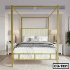 Modern canopy bed frame with tufted headboard in a bright bedroom setting
