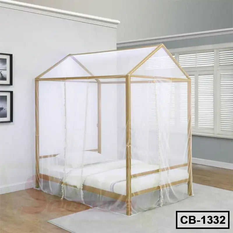 Modern wooden canopy bed frame with white netting in a bright bedroom Main image
