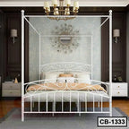 Modern white metal canopy bed frame with decorative headboard in elegant bedroom