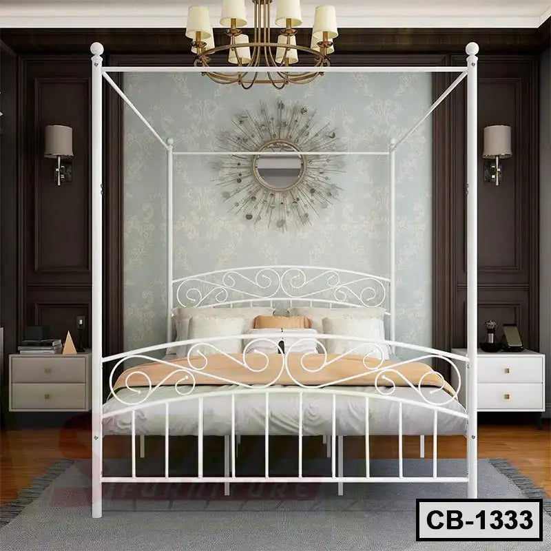 Modern white metal canopy bed frame with decorative headboard in elegant bedroom