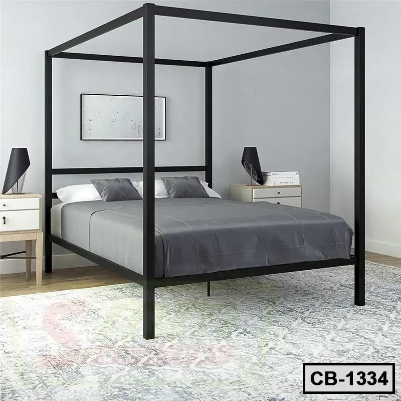 Modern black metal canopy bed frame in minimalist bedroom with gray bedding and nightstands Main image