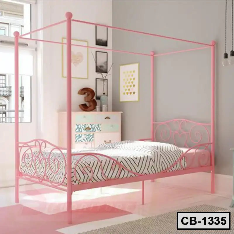 Pink metal canopy bed frame with heart-shaped accents in a modern, bright bedroom. Main image