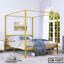 Modern yellow metal canopy bed frame in bright bedroom with large window and cozy decor