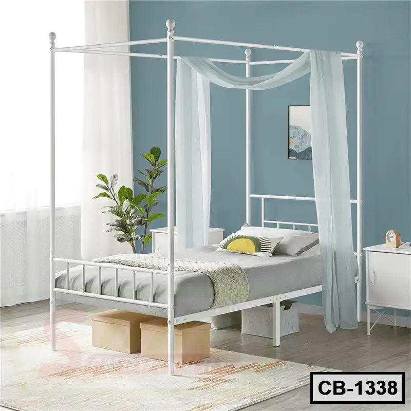 Modern white metal canopy bed frame with sheer curtains in a stylish bedroom setting Main image