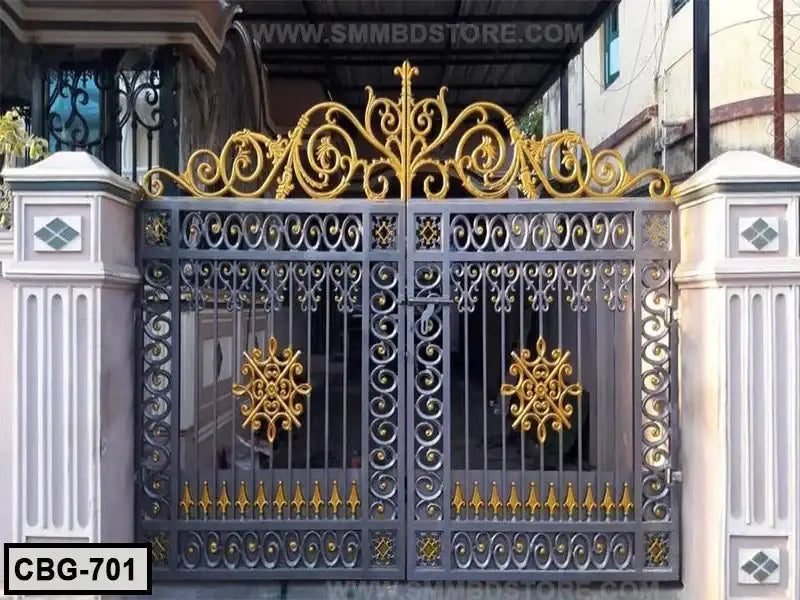 Decorative metal boundary gate in grey and gold, ornate design, model CBG-701