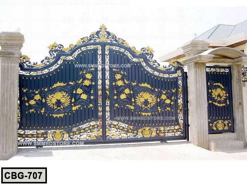 Black and gold decorative metal boundary gate with ornate patterns and columns outdoors