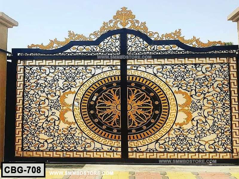 Decorative wrought iron gate with gold floral and geometric patterns, double entry design
