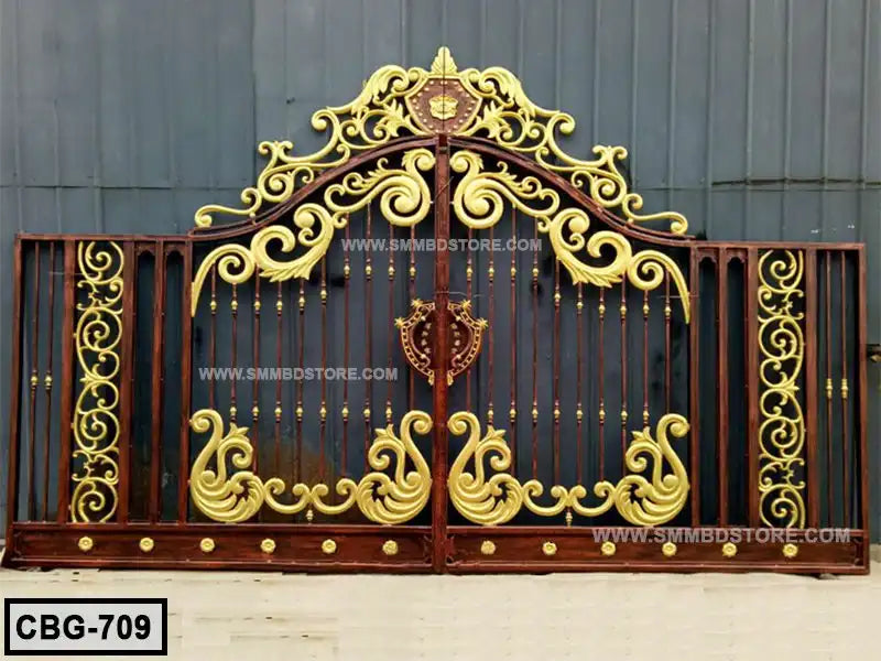 Decorative boundary gate with ornate golden scrollwork and brown metal frame, model CBG-709 Main image