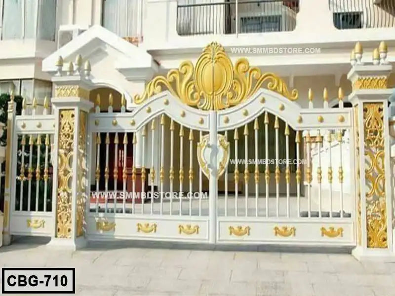 Elegant white and gold boundary gate with ornate decorative casting for modern home entrance